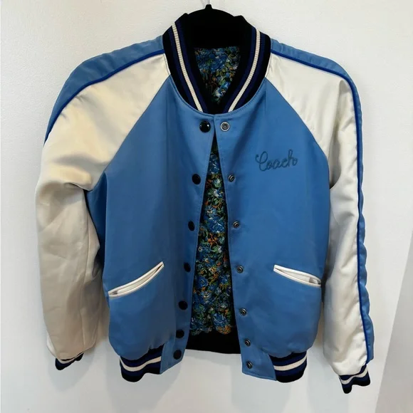 COACH Women's Blue Floral Reversible Bomber Varsity Jacket Size XS.